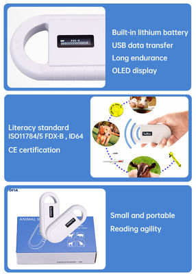 Fofia 휴대용 플라스틱 동물 마이크로칩 RFID 카드 리더 PT160 134.2kHz OLED 화면 USB 리튬 배터리 CE 인증 ISO 5-10cm