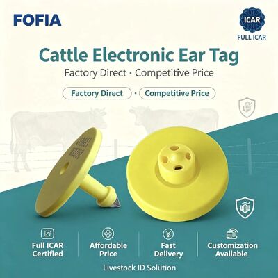 새로운 완전 ICAR 방수 RFID TPU 노란색 동물 귀 태그 14.5mm EM4305 칩 5 년 보증 Fofia 농장 사용