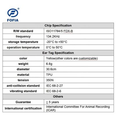 ISO11784/5 준수 및 가축 추적을위한 5 년 보증과 함께 방수 RFID 귀 태그