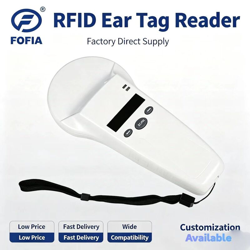 FOFIA 128x32 OLED 화면 / USB로 장거리 애완동물 및 농장 / 랜치 사용을위한 내구성 플라스틱 RFID 휴대용 리더