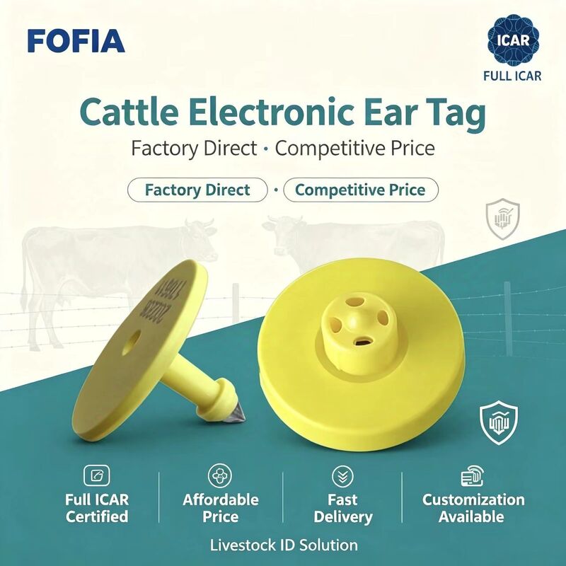 새로운 완전 ICAR 방수 RFID TPU 노란색 동물 귀 태그 14.5mm EM4305 칩 5 년 보증 Fofia 농장 사용