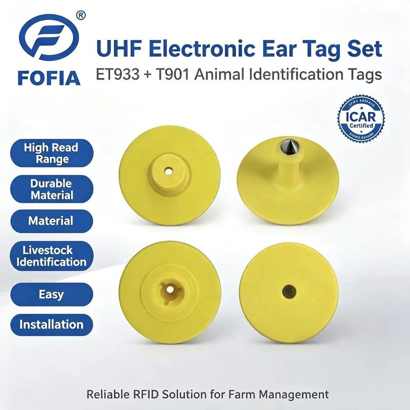 새로운 UHF 전자 방수 RFID TPU 5.7mm 노란색 동물 귀 태그 ET933+T901 칩 5 년 보증