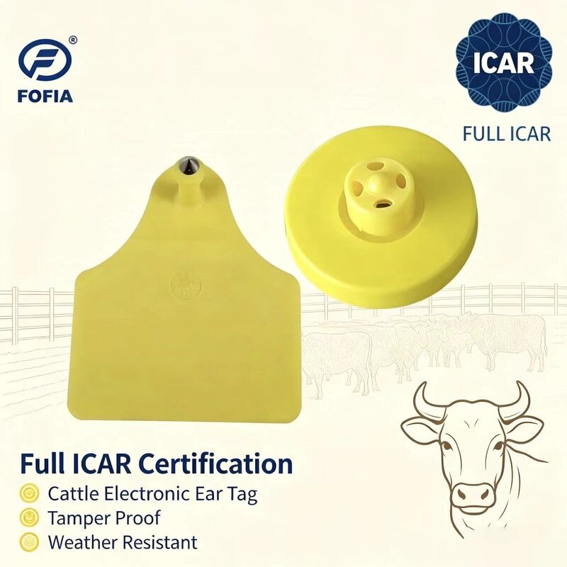 FOFIA 신형 전용 ICAR 내구성 방수 RFID TPU 노란색 귀 태그 LF ET908+T905 농장 칩 5년 보증 소 14.5mm