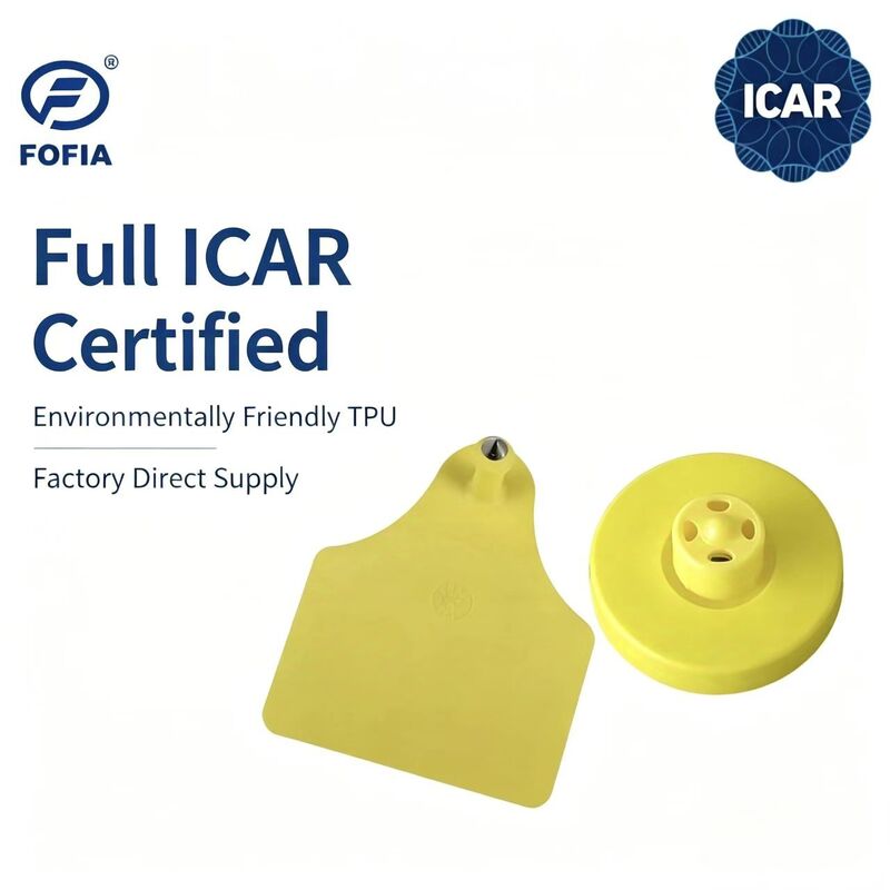 FOFIA 신형 전용 ICAR 내구성 방수 RFID LF TPU 노란색 귀 태그 ET908+T905 EM4305 칩 5년 보증 소 14.5mm
